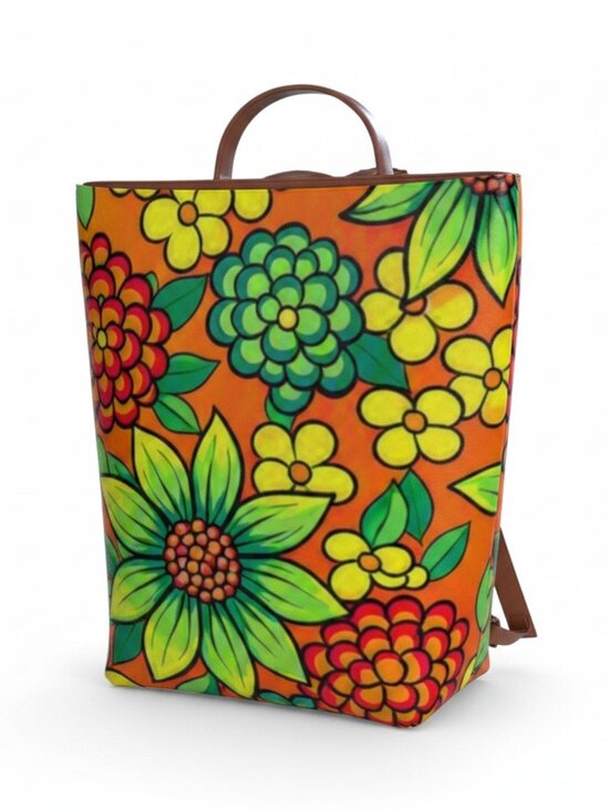 Retro Floral Vegan Leather Backpack | Boho Orange Print Travel Bag | Colorful Sc main image 2